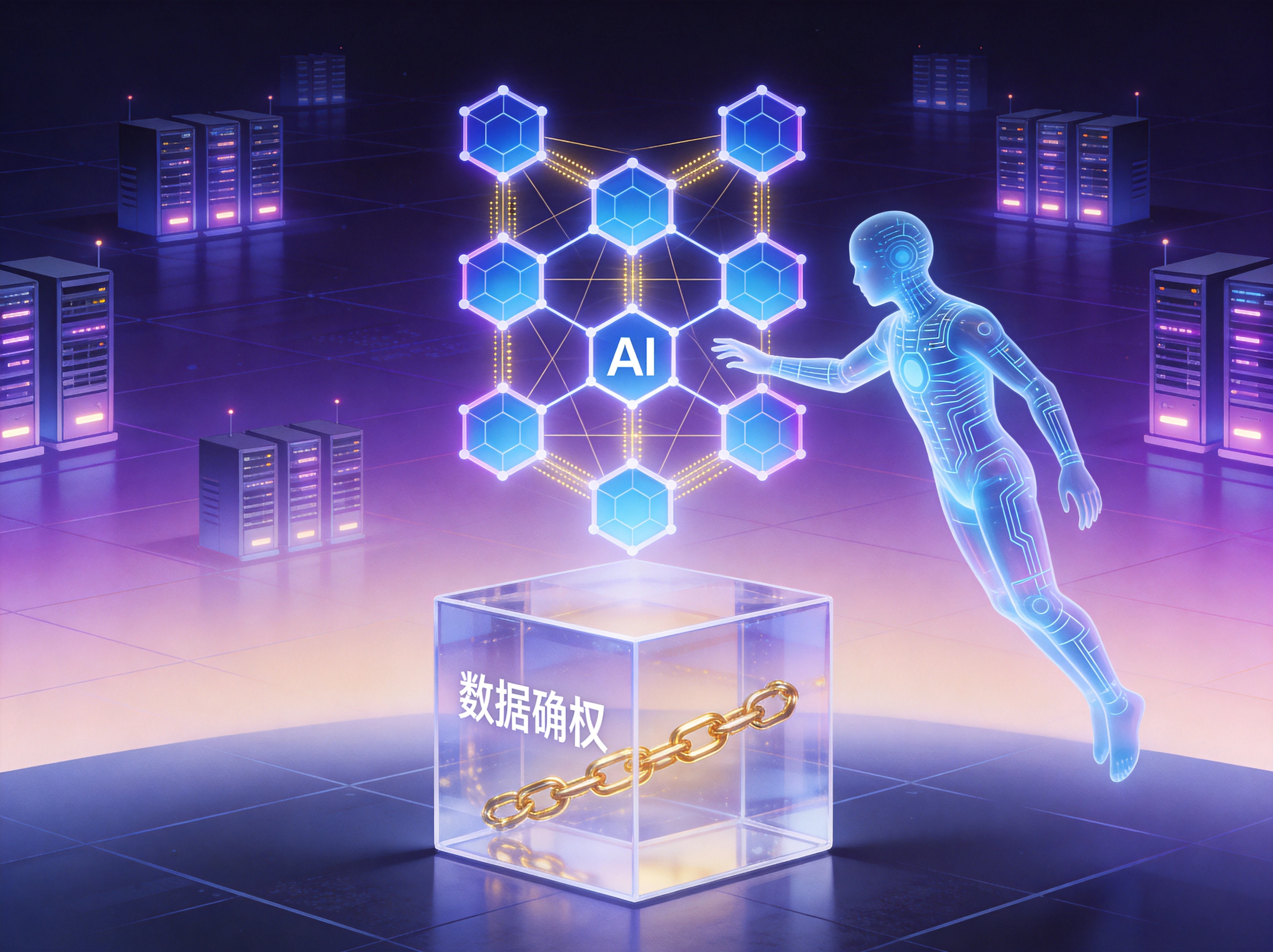 AI与区块链深度融合概念图,展示神经网络、去中心化算力、智能代理基础设施 AI与区块链深度融合概念图,展示神经网络、去中心化算力、智能代理基础设施