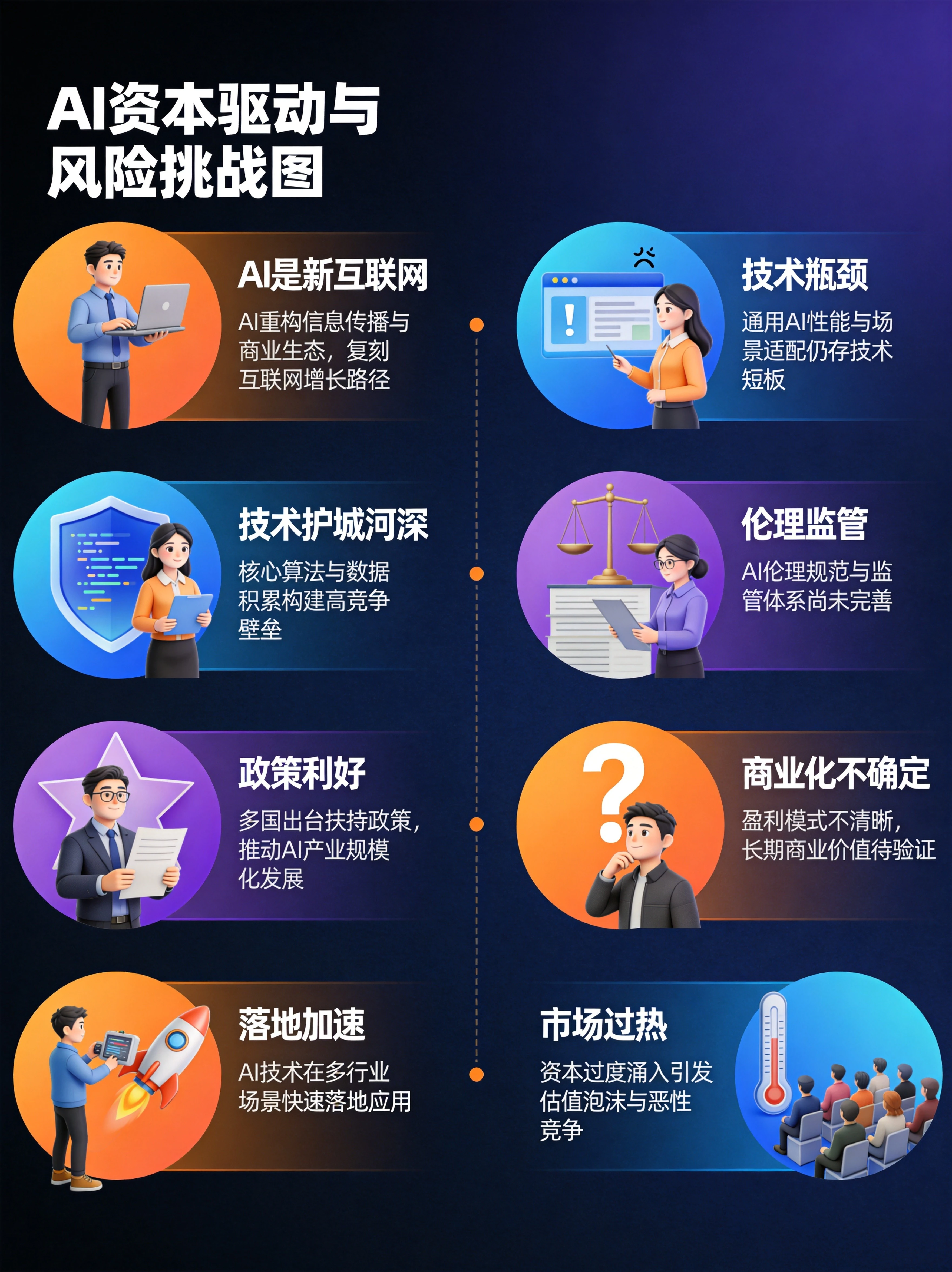 AI资本驱动与风险挑战图,展示AI是新互联网、技术护城河深、政策利好、落地加速四大资本逻辑,以及技术瓶颈、伦理监管、商业化不确定、市场过热四大风险挑战 AI资本驱动与风险挑战图,展示AI是新互联网、技术护城河深、政策利好、落地加速四大资本逻辑,以及技术瓶颈、伦理监管、商业化不确定、市场过热四大风险挑战