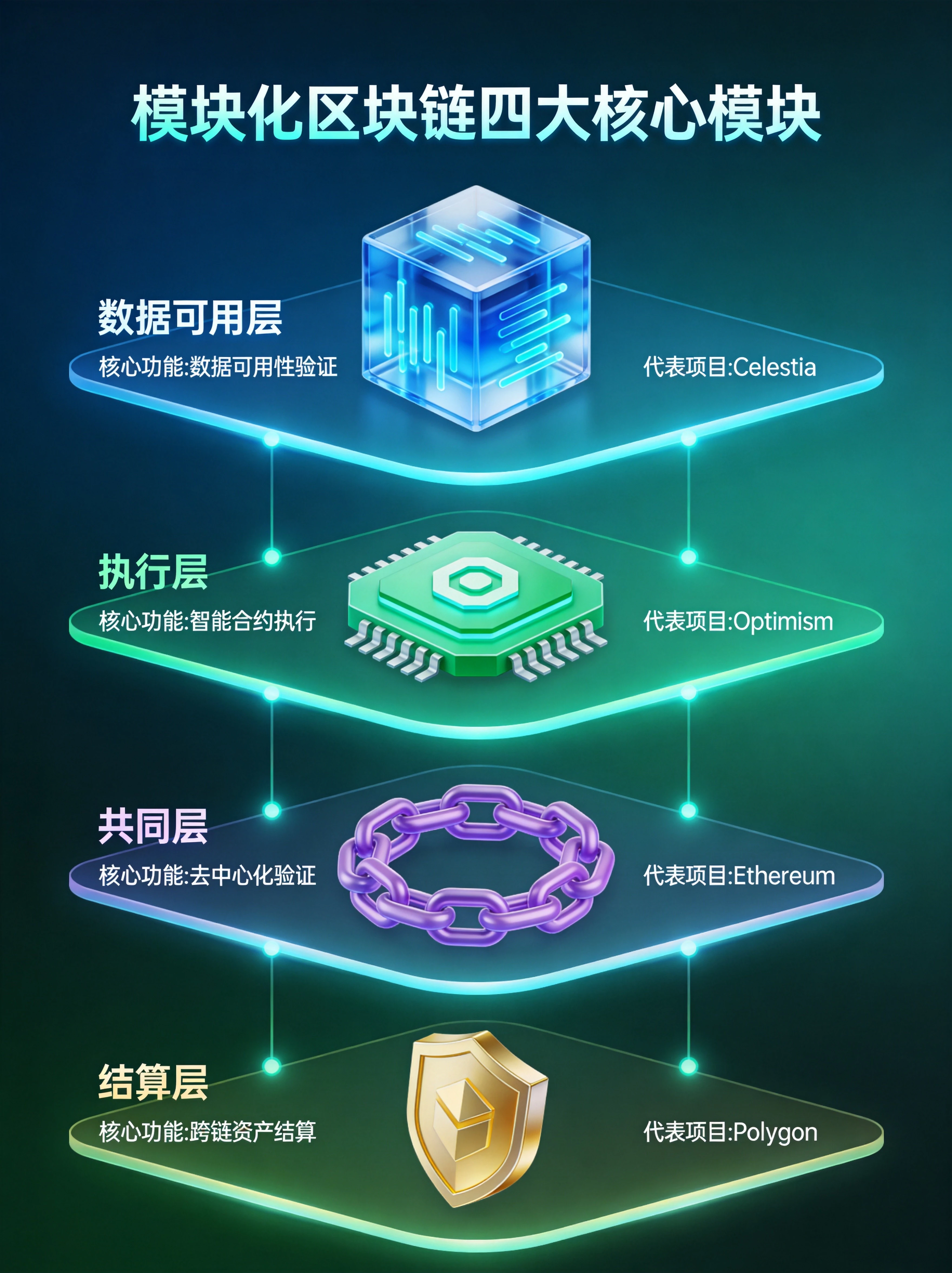 模块化区块链四大模块总览图,清晰呈现数据可用层、执行层、共识层、结算层四个模块的核心功能与代表项目,层级分明帮助读者快速理解各模块分工逻辑 模块化区块链四大模块总览图,清晰呈现数据可用层、执行层、共识层、结算层四个模块的核心功能与代表项目,层级分明帮助读者快速理解各模块分工逻辑