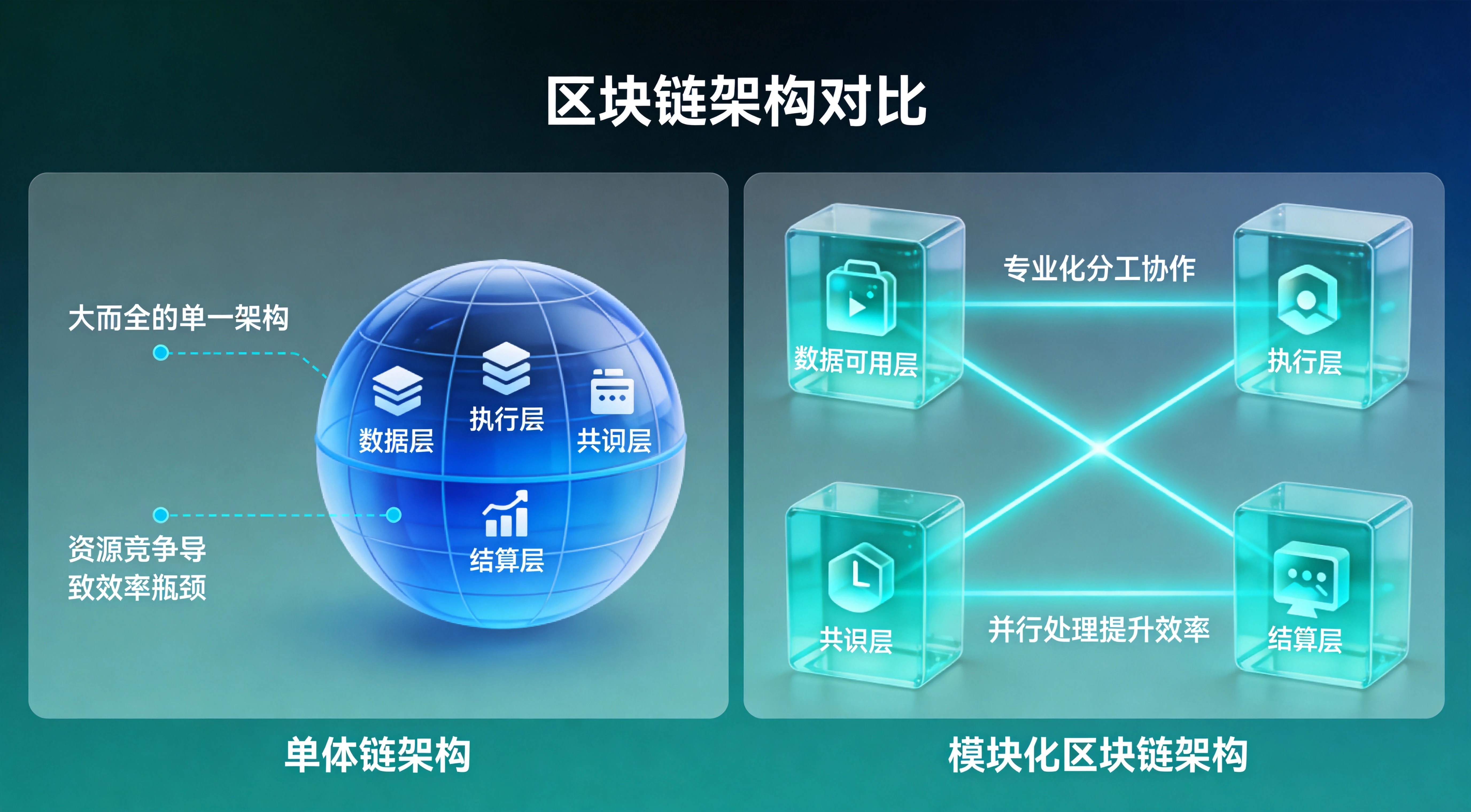 单体链与模块化区块链架构对比图,直观呈现传统单体链大而全的单一集成架构与模块化区块链四层拆分分工架构的核心差异,帮助读者快速理解两者的架构区别 单体链与模块化区块链架构对比图,直观呈现传统单体链大而全的单一集成架构与模块化区块链四层拆分分工架构的核心差异,帮助读者快速理解两者的架构区别
